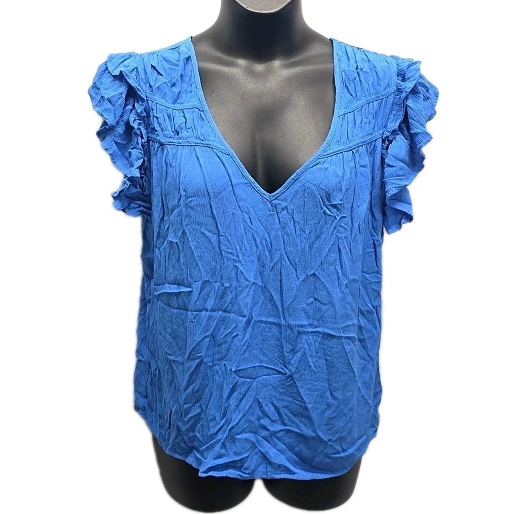 Torrid Blue Ruffle Cap Sleeve V Neck‎ Blouse Crinkle Gauze sz 0 Coastal Resort